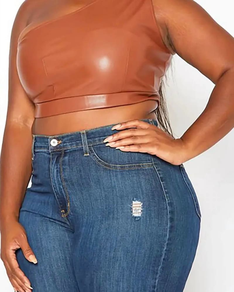 Front of a model wearing a size 3XL Plus Size Faux Leather One Sleeve Crop Top in Carmel in Carmel by Haute Monde. | dia_product_style_image_id:346135